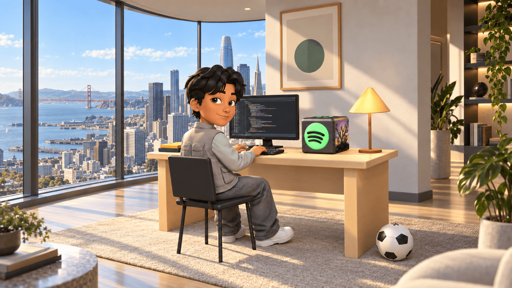 Sanjay working at his desk in a sunlit San Francisco penthouse overlooking the Golden Gate Bridge and downtown skyline.