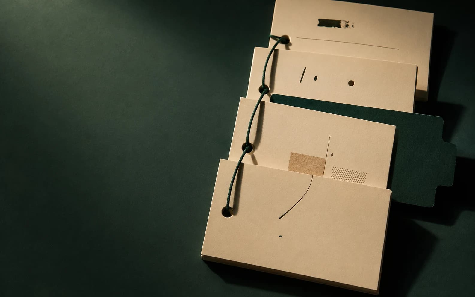 Conceptual artwork: ivory audit records connected with green cord.