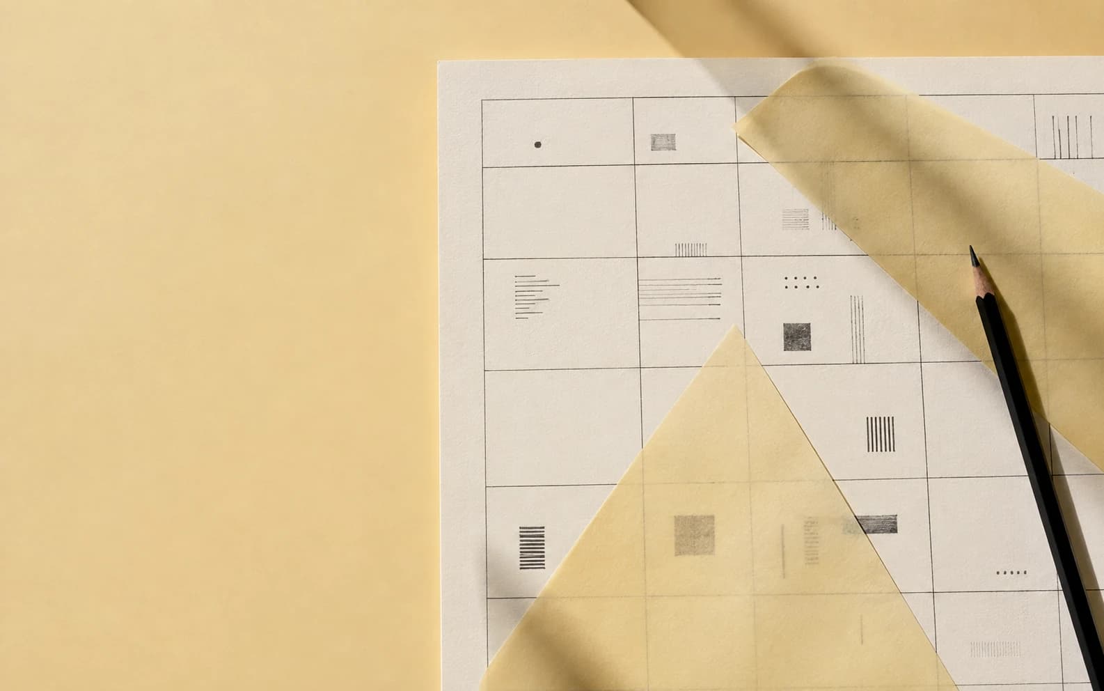 Conceptual artwork: a ruled research sheet under yellow tracing paper.