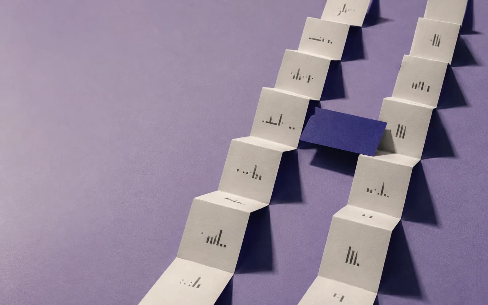 Conceptual artwork: paired folded experiment records meet an indigo checkpoint.